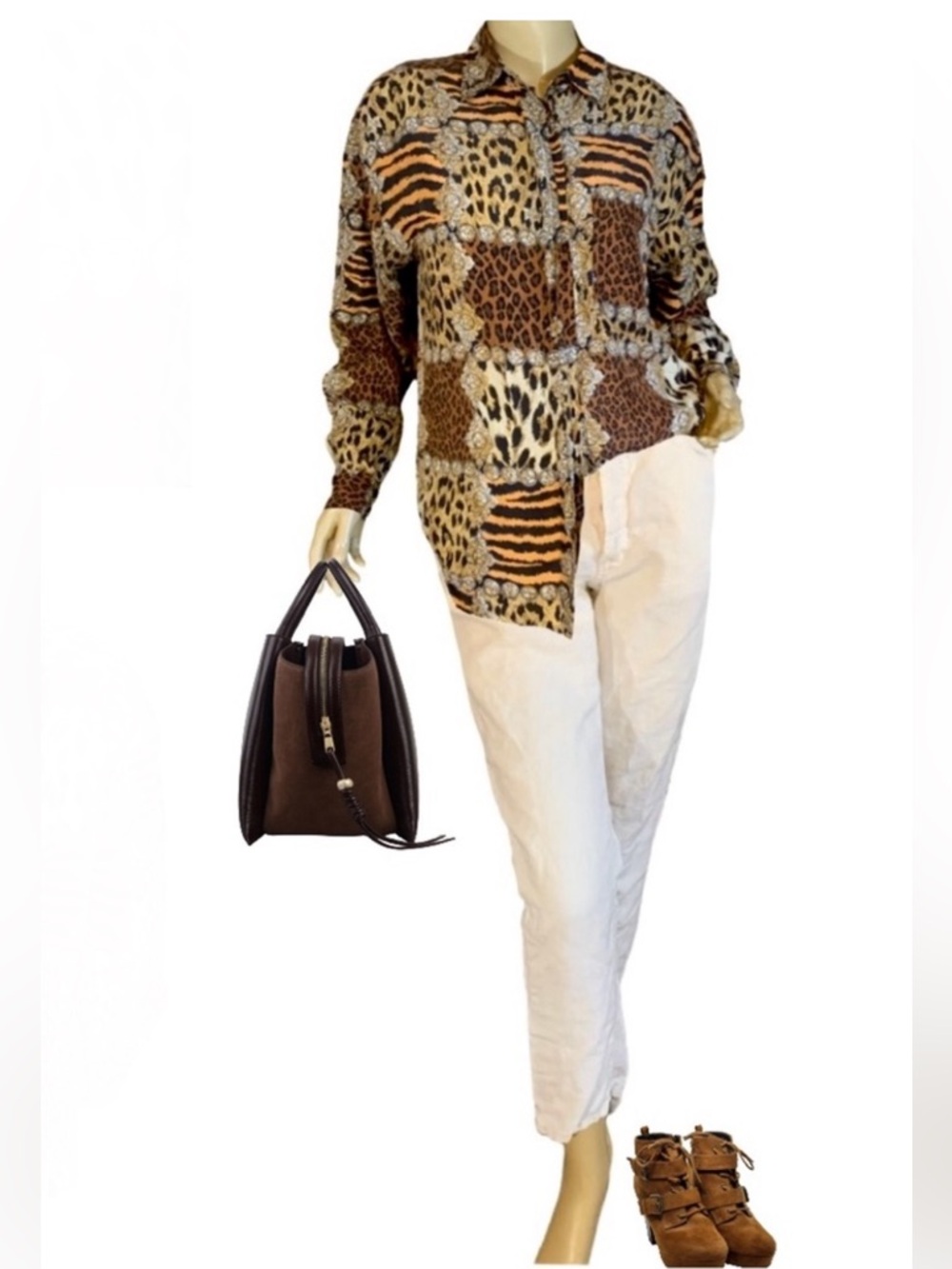 VINTAGE 1990'S S.L.B. BY SUNNY LEIGH ANIMAL PRINT SILK BUTTON DOWN BLOUSE (M)